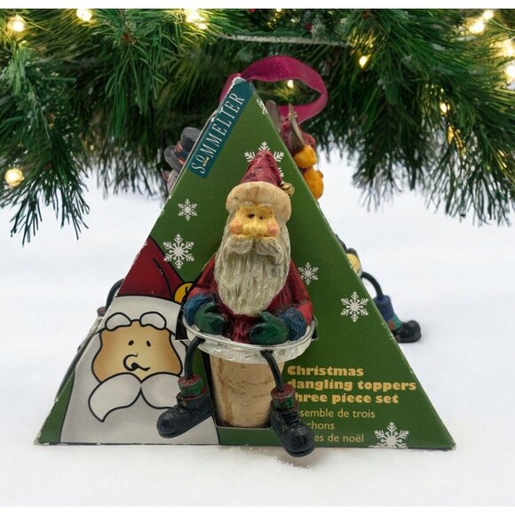 Christmas Dangling Wine Toppers Santa Snowman Reindeer Set Of 3 Bottle Stoppers - Picture 1 of 7